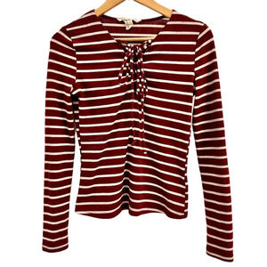 🍂 Urban Heritage Striped Ribbed Top- Lace-Up Front, Size S